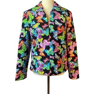 Vintage Maggie L Vibrant Bold Butterfly Print Quilted Silk Jacket.